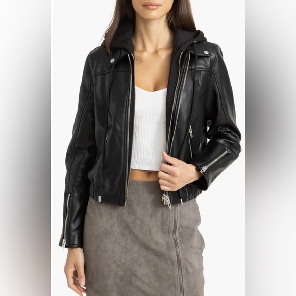 BLANKNYC Women’s Faux Leather Moto Bomber Jacket with Removable Hood | NEW/NWOT! - Picture 2 of 12